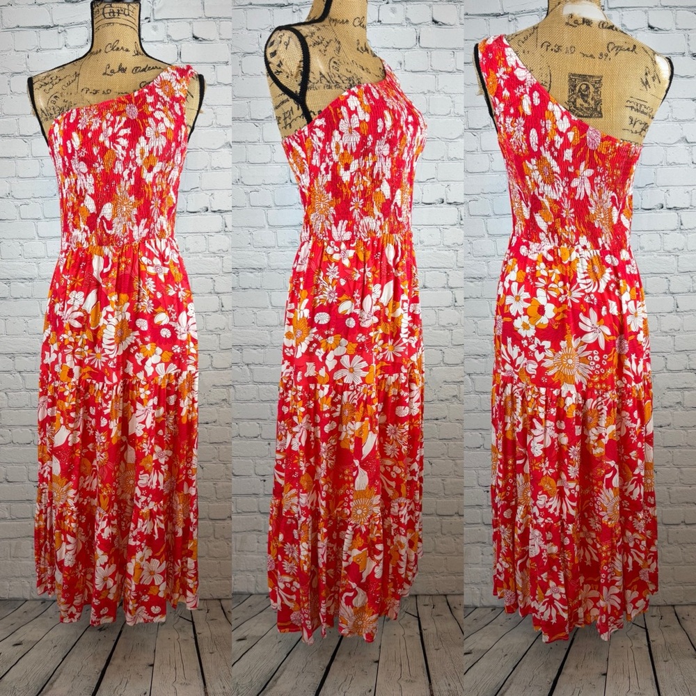 One Shoulder Orange Floral Multi Tier Elastic Bodice Dress
